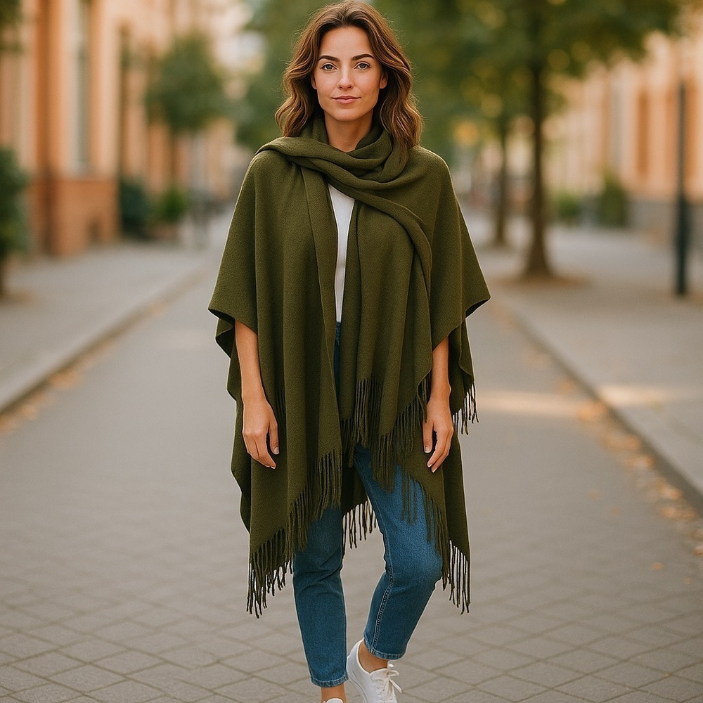 Olive Green Open Cardigan Fringe Shawl Sweater
New
